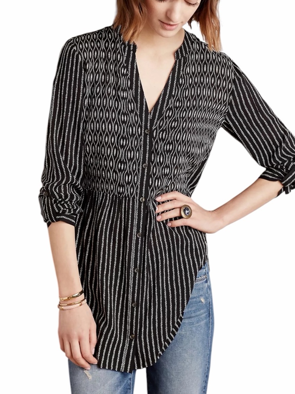 Maeve Calia Tunic Blouse Black White Geometric Button Front Rayon Size 8
